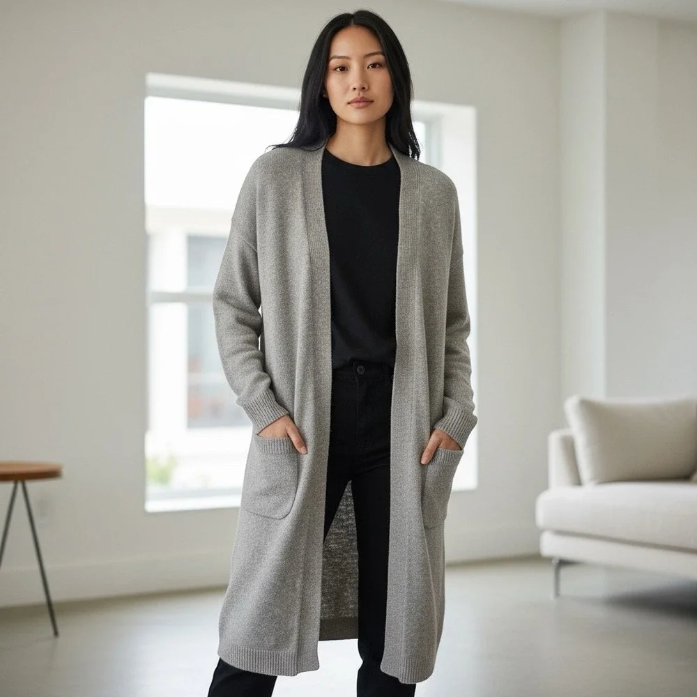 Loft Tan Knit Duster Long Open‎ Front Cardigan Sweater Pockets Size M Minimalist